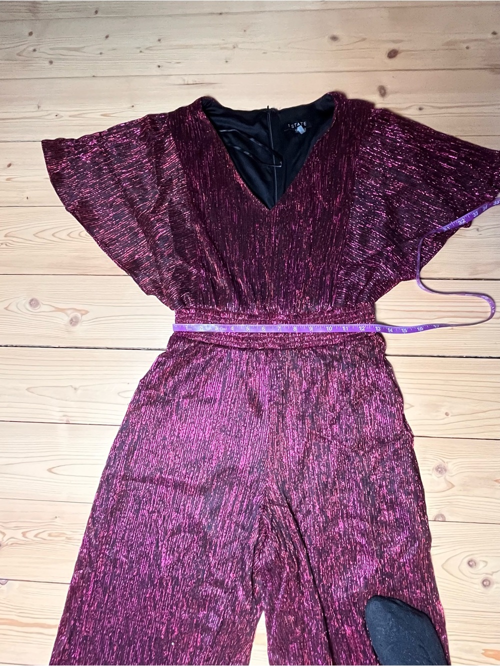 1.STATE Metallic Wine Burgundy Wide Leg Jumpsuit Flutter Sleeve - Picture 4 of 6